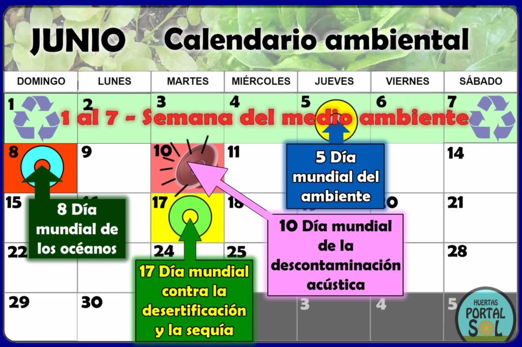 Almanaque ilustrativo de junio con fechas importantes para la ecología